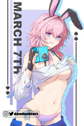  :d absurdres aqua_eyes black_gloves blue_skirt breasts camera clothes_lift dandanbiart earrings female fingerless_gloves gloves highres holding holding_camera honkai:_star_rail honkai_(series) jewelry long_sleeves march_7th_(honkai:_star_rail) march_7th_(preservation)_(honkai:_star_rail) medium_breasts medium_hair midriff navel panties pink_eyes pink_hair pink_panties polaroid_camera ribbon shirt shirt_lift simple_background skirt smile solo stomach tongue tongue_out two-tone_eyes underwear undressing white_shirt white_sleeves 