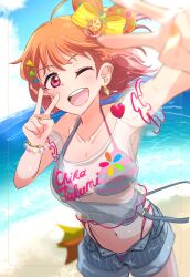  ;d ahoge beach bead_bracelet beads bikini blue_shorts blue_sky blurry blurry_foreground blush bow bracelet breasts character_name cleavage collarbone commentary_request double_v earrings female frilled_sleeves frills heart highres jewelry looking_at_viewer love_live! love_live!_school_idol_festival_all_stars love_live!_sunshine!! medium_breasts midriff navel official_alternate_costume one_eye_closed open_mouth orange_hair orange_nails outdoors pink_bikini red_eyes see-through see-through_shirt shirt short_hair short_sleeves shorts sky smile solo standing striped_bikini striped_clothes swimsuit takami_chika takami_chika_(a_chika-tastic_summer) triangle_hair_ornament upper_body v water yellow_bow yunite68 