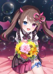  :d absurdres ayanabe_halon bettle_(b_s_a_n) black_bow black_skirt blue_bow bouquet bow brown_hair bubble demon_girl fangs female hair_ornament hairclip heterochromia highres horns leg_ribbon legs_together looking_at_viewer monster_company open_mouth pink_horns pink_skirt pink_wings ribbon short_sleeves sitting skirt smile soap_bubbles solo thigh_ribbon twintails virtual_youtuber wings 