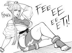  absurdres bb_(baalbuddy) breasts cleavage dougi english_text female highres large_breasts long_hair looking_at_viewer manon_legrand martial_arts_belt panty_straps short_sleeves solo street_fighter street_fighter_6 thigh_strap toes 