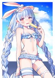  absurdres animal_ear_fluff animal_ears bare_arms bikini bikini_skirt blue_bikini blue_hair blue_sky blush braid breasts bridal_garter commentary_request extra_ears female food frilled_bikini frills groin groin_tendon hair_ornament hairclip highres holding holding_food holding_popsicle hololive hot kanna_roku leg_ribbon long_hair looking_at_viewer multicolored_hair navel official_alternate_costume open_mouth orange_eyes outdoors parted_hair plaid_bikini plaid_clothes popsicle rabbit-shaped_pupils rabbit_ears ribbon short_eyebrows sky small_breasts solo summer sweat swimsuit symbol-shaped_pupils thick_eyebrows thigh_ribbon thigh_strap twin_braids twintails two-tone_hair usada_pekora usada_pekora_(summer) very_long_hair very_sweaty virtual_youtuber visor_cap white_hair wrist_ribbon 