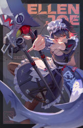  absurdres arm_at_side artist_name barcode belt black_hair breasts brown_pantyhose chains character_name colored_inner_hair dress dynamic_pose ellen_joe english_commentary female fins fish_tail forehead frilled_dress frills hair_ornament highres holding holding_weapon juliet_sleeves long_sleeves looking_at_viewer maid maid_headdress mole mole_under_eye multicolored_hair outstretched_arm pantyhose parted_bangs peaceablecolt puffy_sleeves red_eyes red_hair red_nails shadow shark_girl shark_tail solo standing standing_on_one_leg tail weapon wrist_cuffs x_hair_ornament zenless_zone_zero 