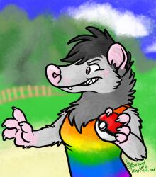  2016 american_opossum anthro black_hair blue_sky breasts claws clothed clothing cloud day detailed_background digital_drawing_(artwork) digital_media_(artwork) eyebrows fangs female fence finger_claws fur grass grey_body grey_claws grey_fur hair half-length_portrait holding_object holding_pokeball mammal marsupial matrices_(artist) multicolored_clothing multicolored_shirt multicolored_tank_top multicolored_topwear narrowed_eyes nintendo outside pink_body pink_nose pink_skin plant pokeball pokemon portrait rainbow_clothing rainbow_shirt rainbow_tank_top rainbow_topwear shaded shirt signature sky smile snout solo tank_top teeth text topwear tree url whisker_spots 