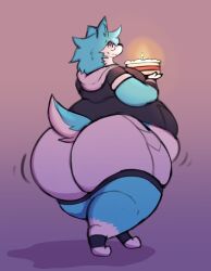  anthro ass belly big_belly big_butt birthday_cake blue_body blue_fur bottomwear cake cameron_(camuushamuu) camuushamuu canid canine canis clothing dessert emanata eyewear fat_arms food fur glasses hi_res hoodie huge_butt huge_thighs love_handles male mammal midriff moobs obese obese_male overweight overweight_male rear_view shorts solo thick_thighs tight_bottomwear tight_clothing tight_topwear topwear white_body white_fur wide_hips wobbling wolf 