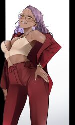  absurdres blush breasts cleavage commentary_request dark-skinned_female dark_skin female grin hand_on_own_hip highres jacket jacket_partially_removed jitome_no_tsugumi long_hair medium_breasts original purple_hair red_jacket simple_background smile solo very_long_hair watch white_background wristwatch yellow_eyes 