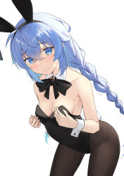  absurdres animal_ears black_hairband black_leotard blue_eyes blue_hair blush braid breasts brown_pantyhose cleavage closed_mouth crossed_bangs fake_animal_ears female hairband highres leotard long_hair looking_at_viewer low_twin_braids medium_breasts mushoku_tensei pantyhose playboy_bunny rabbit_ears roxy_migurdia simple_background solo syakou twin_braids white_background white_wrist_cuffs wing_collar wrist_cuffs 