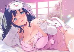  amano_nene_(vtuber) amano_nene_(vtuber)_(pajama) babydoll blue_eyes blush breasts cleavage commentary_request commission female glasses hairband kibii_mocha large_breasts long_hair long_sleeves looking_at_viewer lying mask mask_on_head nail_polish on_bed panties parted_lips pink_babydoll pink_panties production_kawaii purple_hair see-through side-tie_panties skeb_commission sleep_mask solo star_(symbol) thighhighs underwear virtual_youtuber white_thighhighs window 