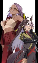  2girls absurdres ahoge animal_ears bare_shoulders blue_eyes breasts brown_hair cleavage closed_mouth cowboy_shot dark-skinned_female dark_skin dream_journey_(umamusume) ear_ornament eyewear_strap glasses grin hair_between_eyes hair_over_one_eye hand_on_own_arm highres holding_own_arm horse_ears horse_girl horse_tail jewelry jitome_no_tsugumi lace_sleeves long_hair long_sleeves multicolored_hair multiple_girls multiple_rings original puffy_sleeves purple_hair ring short_sleeves single_hair_intake smile standing tail umamusume upper_body yellow_eyes 