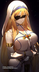  artist_name bare_shoulders black_background black_blindfold blindfold blonde_hair breasts cleavage clothing_cutout commission cowboy_shot elbow_gloves female fingerless_gloves gloves goblin_slayer! hair_between_eyes highres large_breasts long_hair masamura_(masamura_eliza) neck parted_lips robe side_cutout sideboob sword_maiden very_long_hair white_gloves white_robe white_veil 