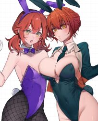  2girls animal_ears annoyed asymmetrical_docking bare_shoulders blonde_hair blush bow bowtie breast_press breasts choppy_bangs cleavage covered_navel crotch detached_collar fate/grand_order fate_(series) fishnet_pantyhose fishnets fujimaru_ritsuka_(female) highres large_breasts light_blush looking_at_viewer multiple_girls open_mouth pantyhose playboy_bunny rabbit_ears rabbit_tail red_hair simple_background tail twintails type-moon uxco0 white_background 