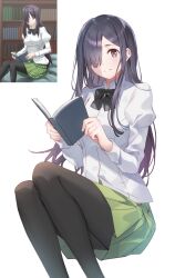  blouse bow bowtie burn_scar female game_cg hair_over_one_eye highres ikezawa_hanako katawa_shoujo long_hair looking_at_viewer pantyhose purple_eyes purple_hair reference_inset scar school_uniform shirt skirt smile solo weee_(raemz) white_shirt yamaku_high_school_uniform 