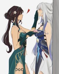  2girls bare_arms bare_shoulders blue_dress blue_hair breasts brown_hair cleavage commentary cowboy_shot dress english_commentary feeding finger_to_another&#039;s_mouth flower from_side gloves green_dress green_gloves grey_hair hair_flower hair_ornament heart highres holding holding_plate honkai:_star_rail honkai_(series) jingliu_(honkai:_star_rail) large_breasts long_hair looking_at_another multicolored_hair multiple_girls plate profile purple_hair ruan_mei_(honkai:_star_rail) seijousai simple_background streaked_hair twitter_username white_background white_flower yuri 