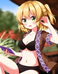  arm_up bikini black_bikini blonde_hair blurry blurry_background blush breasts brown_shirt cellphone cleavage collarbone commentary_request cowboy_shot day earbuds earphones eyes_visible_through_hair female green_eyes hair_between_eyes highres holding holding_phone looking_at_viewer medium_breasts mizuhashi_parsee navel open_clothes open_mouth open_shirt outdoors phone ruu_(tksymkw) shirt short_hair short_sleeves sitting smartphone split_mouth sunlight swimsuit touhou 