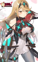  adapted_costume bare_shoulders battle_damage blonde_hair blush breasts cherry_blossoms chest_jewel commentary_request cowboy_shot dress female gloves highres holding holding_sword holding_weapon kinagi_(3307377) large_breasts long_hair mythra_(xenoblade) pantyhose percentage petals red_gloves simple_background solo super_smash_bros. sword tiara weapon white_background white_dress xenoblade_chronicles_(series) xenoblade_chronicles_2 yellow_eyes 