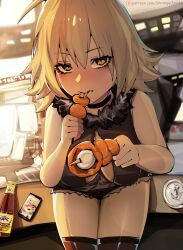  black_choker black_thighhighs broken_phone building choker cleavage_cutout clothing_cutout eating fate/grand_order fate_(series) fur_scarf grey_hair highres jamshrimpy jeanne_d&#039;arc_alter_(avenger)_(fate) jeanne_d&#039;arc_alter_(fate) kwek_kwek orange_light original pov short_shorts shorts street_food thighhighs thighs ufc_(food_brand) 