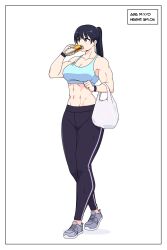  abs absurdres arm_up bag bare_arms bare_shoulders biceps black_hair black_leggings blue_sports_bra blush breasts brown_eyes carrying_bag cleavage collarbone commentary drloon eating english_commentary english_text female food grey_footwear groceries groin hand_up high_ponytail highres holding holding_food holding_sandwich large_breasts leggings long_hair muscular muscular_female navel open_mouth original ponytail sandwich shadow shoes shopping_bag simple_background sneakers solo sports_bra stomach teeth upper_teeth_only walking white_background 