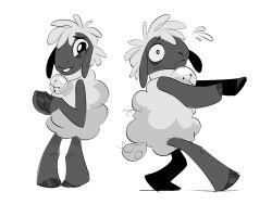  amanda_the_adventurer anthro bell bell_collar black_body black_eyes black_hooves bovid caprine collar collar_only floppy_ears fur hair hands_together hi_res hooved_hands hooves krossan_(artist) looking_at_viewer male mammal monochrome nervous nervous_smile nude pose sheep short_tail simple_background smile solo standing tail white_background white_body white_fur white_hair white_wool wide_eyed wool_(fur) wooly_(amanda_the_adventurer) worried worried_face worried_look 