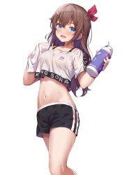  absurdres blush bottle brown_hair crop_top female groin hair_ornament highres hololive long_hair midriff navel open_mouth shorts simple_background smile solo stomach sweat sweaty_clothes tmo-cat tokino_sora towel virtual_youtuber water_bottle wet wet_clothes white_background 