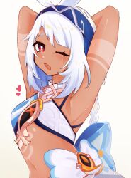  ;3 armpits arms_up bare_shoulders blue_hairband bright_pupils character_request dark_skin female genshin_impact gradient_background grey_background hairband heart highres long_hair looking_at_viewer midriff nater_(k24nates) navel one_eye_closed open_mouth red_eyes solo stomach upper_body white_background white_hair white_pupils 