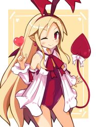  blonde_hair blush border bow demon_girl demon_tail demon_wings detached_sleeves disgaea disgaea_d2 earrings fallen_angel female flonne flonne_(fallen_angel) hairband heart heart_earrings highres jewelry leotard long_hair looking_at_viewer oerba_yun_fang one_eye_closed outside_border pointy_ears red_eyes red_hairband red_leotard red_wings ribbon sidelocks simple_background skin_fang smile solo standing suaman tail tail_bow tail_ornament upper_body very_long_hair white_border wings 