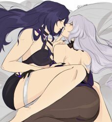  2girls acheron_(honkai:_star_rail) backless_outfit bare_arms bare_shoulders between_legs black_gloves black_nails black_pantyhose black_swan_(honkai:_star_rail) blush breasts cleavage commentary english_commentary eye_contact finger_to_another&#039;s_mouth gloves hand_on_another&#039;s_thigh highres honkai:_star_rail honkai_(series) large_breasts long_hair looking_at_another multiple_girls pantyhose parted_lips purple_hair seijousai thigh_strap twitter_username yuri 