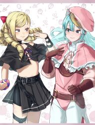  2boys androgynous beret blonde_hair blue_hair brown_gloves cone_hair_bun cosplay costume_switch drill_hair fire_emblem fire_emblem_engage fire_emblem_fates forrest_(fire_emblem) forrest_(fire_emblem)_(cosplay) gloves hair_bun hair_horns hat highres in-franchise_crossover legwear_garter light_blue_hair misokatsuhaumai multiple_boys otoko_no_ko quad_drills rosado_(fire_emblem) rosado_(fire_emblem)_(cosplay) shorts shorts_under_skirt single_legwear_garter skirt smile trait_connection 