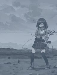  belt blood bullet cloud cloudy_sky desert dithering female firing full_body grenade_launcher grimace gun hamsterfragment hatching_(texture) holding holding_gun holding_weapon holster imminent_death jaggy_lines medium_hair monochrome neck_ribbon no_pupils open_clothes open_shirt original over-kneehighs pleated_skirt ribbon shirt shoes skirt sky solo suicidal_girl_(hamsterfragment) sweat thighhighs weapon 