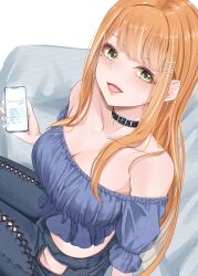  absurdres bare_shoulders belt_collar blue_shirt blush breasts cellphone cellphone_photo cleavage collar collarbone commentary_request cropped_shirt cross-laced_clothes cross-laced_pants denim female fingernails gakuen_idolmaster green_eyes highres holding holding_phone idolmaster izuminnu jeans long_hair looking_at_viewer medium_breasts midriff mole mole_under_eye nail_polish off-shoulder_shirt off_shoulder orange_hair pants phone shirt shiun_sumika sidelocks sitting smile solo straight_hair very_long_hair 