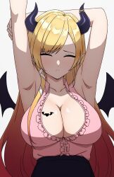  absurdres arm_behind_head armpits arms_up black_horns black_skirt black_wings blonde_hair breast_tattoo breasts cleavage closed_eyes closed_mouth collarbone daydarion demon_girl demon_horns demon_wings english_commentary facing_viewer female high-waist_skirt highres hololive horns large_breasts long_hair paid_reward_available pink_shirt pointy_ears shirt simple_background skirt sleeveless sleeveless_shirt solo stretching tattoo upper_body virtual_youtuber white_background winged_heart_tattoo wings yuzuki_choco yuzuki_choco_(1st_costume) 