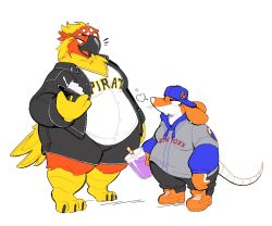  accessory anthro avian backwards_baseball_cap backwards_hat barefoot baseball_cap belly beverage big_belly bird boot_(artist) clothed clothing duo feet food footwear hat headband headgear headwear jacket logo male male/male mammal mlb mouse murid murine new_york_mets orange_body overweight overweight_anthro parrot pittsburgh_pirates rodent shirt shoes short_stack simple_background size_difference tail thick_thighs topwear 