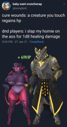  absurd_res anthro armor big_breasts breasts butt_slap capcom dragon eyewear female flying_wyvern glasses health_points hi_res humor hybrid male meme monster_hunter mythological_creature mythological_scalie mythology nargacuga scalie shashai_(durgonbutt) shocked silver_warrior08 slap spanking vayhl&#039;ayne_(vahlyance) 