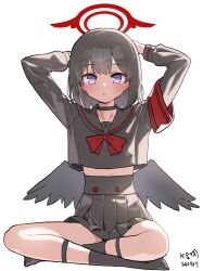  armband arms_behind_head arms_up black_choker black_hair black_sailor_collar black_serafuku black_socks black_wings blue_archive blue_eyes blush bow choker commentary cropped_shirt feathered_wings female halo highres indian_style long_sleeves looking_at_viewer low_wings mashiro_(blue_archive) midriff myeolchi red_armband red_bow red_halo sailor_collar school_uniform serafuku short_hair simple_background sitting socks solo white_background winged_halo wings 