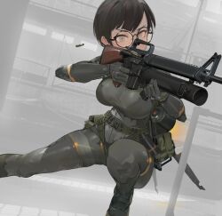  absurdres aiming assault_rifle black_hair bodysuit breasts commission dynamic_pose female gauntlets grenade_launcher grey_bodysuit grey_eyes gun highres knife large_breasts m16 m16a1 original polilla rifle round_eyewear serious shell_casing shiny_clothes short_hair smoke_grenade solo underbarrel_grenade_launcher weapon 