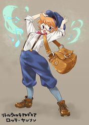  bag bow bowtie commentary_request cosplay dress_shoes female freckles fushigi_no_umi_no_nadia glasses hairband hat highres jean_roque_lartigue jean_roque_lartigue_(cosplay) little_witch_academia lotte_jansson messenger_bag open_mouth orange_hair short_hair shoulder_bag smile solo suspenders 