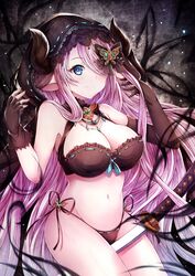  bare_shoulders between_legs bikini black_bikini black_gloves black_hoodie blue_eyes breasts butterfly_hair_ornament cleavage closed_mouth commentary_request draph elbow_gloves female fingerless_gloves gloves granblue_fantasy hair_ornament hair_over_one_eye highres hood hoodie horns katana large_breasts light_purple_hair long_hair looking_at_viewer narmaya_(granblue_fantasy) narmaya_(the_black_butterfly)_(granblue_fantasy) navel official_alternate_costume photoshop_(medium) pointy_ears side-tie_bikini_bottom smile soda_(sodachuxd) solo swimsuit sword very_long_hair weapon 