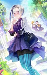  3girls :d alternate_costume alternate_hairstyle bag beret bespectacled blonde_hair blue_legwear blush bracelet braid brynhildr_(fate) brynhildr_(traveling_outfit)_(fate) commentary_request dress eyepatch fate/grand_order fate_(series) flower fou_(fate) glasses hair_up hat highres jacket jewelry mash_kyrielight mash_kyrielight_(traveling_outfit) mozuyun multiple_girls official_alternate_costume open_mouth ophelia_phamrsolone pantyhose paper_bag purple-framed_eyewear purple_dress purple_eyes purple_hair semi-rimless_eyewear smile striped_clothes striped_pantyhose thighhighs under-rim_eyewear vertical-striped_clothes vertical-striped_pantyhose white_hair 