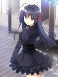  antenna_hair black_dress black_hair blush commentary_request cowboy_shot day dress female from_behind highres juliet_sleeves lamppost long_hair long_sleeves looking_back ookura_risona otome_riron_to_sono_shuuhen:_ecole_de_paris outdoors photoshop_(medium) pillar puffy_sleeves purple_eyes skirt standing takepon tareme tsuki_ni_yorisou_otome_no_sahou very_long_hair 