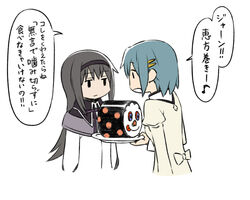  2girls akemi_homura akemi_homura_(magical_girl) black_hair black_hairband blank_stare blue_hair charlotte_(madoka_magica) commentary_request ehoumaki eighth_note expressionless food food_with_face hair_ornament hairband hairclip jitome korean_commentary long_hair mahou_shoujo_madoka_magica mahou_shoujo_madoka_magica_(anime) makizushi miki_sayaka mitakihara_school_uniform motion_lines multiple_girls music musical_note oda_takayuki plate school_uniform short_hair singing speech_bubble spoken_musical_note sushi translated 