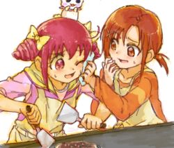  2girls brown_eyes brown_hair cooking hino_akane hino_akane_(smile_precure!) hoshizora_miyuki multiple_girls okonomiyaki pink_eyes pink_hair precure smile_precure yuucho 