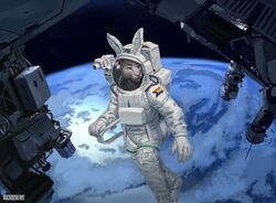  absurd_res anthro astronaut astronaut_suit buckovskiart bunny_ears_(gesture) bunnytail clothing cloud digital_media_(artwork) digital_painting_(artwork) earth fantasy fur gesture green_eyes hi_res lagomorph leporid male mammal planet progress_pride_colors rabbit rodent solo space spacescape spacestation spacesuit suit white_body white_clothing white_fur white_suit 