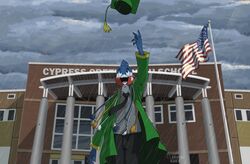  2023 5_fingers american_flag anthro artist_logo avian beak bird black_bottomwear black_clothing black_eyebrows black_necktie black_pants blue_body blue_eyes blue_feathers bottomwear building cheek_markings clothing countershade_face countershade_neck countershading detailed_background eyebrows facial_markings feathers fingers flagpole graduation graduation_cap graduation_robe green_clothing green_topwear grey_clothing grey_cloud grey_topwear grey_vest head_markings head_tuft hi_res logo looking_up low-angle_view male markings mortarboard necktie open_beak open_mouth outside oversized_clothing pants pink_tongue raining red_body red_feathers sammfeatblueheart shaded signature solo standing star_(marking) throwing_hat tongue topwear tuft united_states_of_america vest white_beak white_body white_feathers 