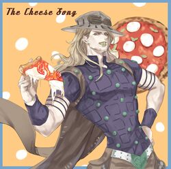  1boy beard blonde_hair cape facial_hair food gold_teeth green_lips grills gyro_zeppeli hat holding holding_food holding_pizza jojo_no_kimyou_na_bouken long_hair male_focus margherita_pizza narrow_waist pizza pizza_slice solo steel_ball_run yepnean 