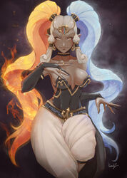  absurdres baggy_pants bare_shoulders blue_fire breasts breasts_apart bridal_gauntlets choker closed_mouth collarbone covered_navel dark_skin earrings embers female fiery_hair fire gerudo grey_hair hair_pulled_back hand_up highres ice jewelry kumanz leotard lips long_hair looking_at_viewer mature_female medium_breasts multicolored_hair orange_hair pants pointy_ears ring sidelocks smile solo strapless strapless_leotard the_legend_of_zelda the_legend_of_zelda:_ocarina_of_time tiara twinrova very_long_hair 