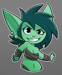  2019 4_fingers armwear bandage border breasts cleavage clothed clothing dark_hair digital_media_(artwork) ear_piercing eyebrows eyelashes female fingers goblin green_body green_skin grey_background hair huffslove humanoid humanoid_pointy_ears long_ears looking_at_viewer makeup mascara medium_breasts navel not_furry piercing raised_eyebrow shaded sharp_teeth simple_background smile solo teeth white_border 