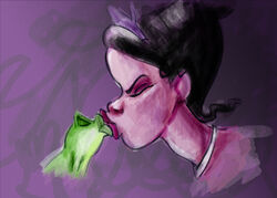  2010 amphibian black_hair christytortland closed_eyes crown digital_media_(artwork) digital_painting_(artwork) disney duo female feral frog green_body green_skin hair headgear human human_on_feral interspecies kiss_on_lips kissing lips lipstick makeup male male/female mammal prince_naveen princess_tiana puckered_lips the_princess_and_the_frog thick_lips tiara zoophilia 