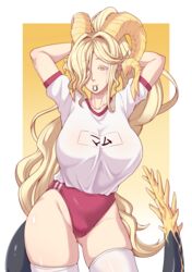  absurdres blonde_hair buruma colored_eyelashes cowboy_shot eyes_visible_through_hair female gradient_background gym_uniform hands_in_hair highres horns kulve_taroth long_hair looking_at_viewer monster_hunter:_world monster_hunter_(series) mouth_hold parted_bangs personification pointy_ears red_buruma revision shirt skindentation solo tail thighhighs thighs two-tone_background very_long_hair white_background white_shirt white_thighhighs yamanata yellow_background yellow_eyes 