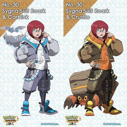  1boy absurdres alternate_costume blue_footwear blush brown_jacket carbink commentary crustle glasses grey_jacket hand_on_own_hip hand_up highres hood hood_down hoodie jacket long_sleeves looking_to_the_side male_focus multiple_views open_clothes open_jacket open_mouth orange_hoodie photoshop_(medium) pokemon pokemon_(creature) pokemon_dppt pokemon_masters_ex red_hair roark_(pokemon) shoes standing tongue vikthor01 white_hoodie yellow_footwear 