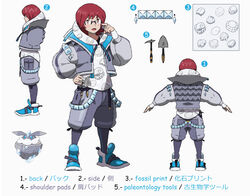  1boy absurdres alternate_costume blue_footwear blush carbink commentary glasses grey_jacket hand_on_own_hip hand_up highres hood hood_down hoodie jacket long_sleeves looking_to_the_side male_focus multiple_views open_clothes open_jacket open_mouth outstretched_arms photoshop_(medium) pokemon pokemon_(creature) pokemon_dppt pokemon_masters_ex red_hair reference_sheet roark_(pokemon) shoes standing t-pose tongue vikthor01 white_hoodie 