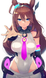  ahoge animal_ears black_collar blue_eyes breasts brown_hair clothes_pull collar commentary covered_navel cowboy_shot female groin hair_between_eyes hairband highres horse_ears horse_girl large_breasts leotard leotard_under_clothes long_hair maza_kisuke mihono_bourbon_(umamusume) necktie outstretched_hand purple_necktie reaching reaching_towards_viewer simple_background skirt skirt_pull solo umamusume white_background white_leotard white_skirt 