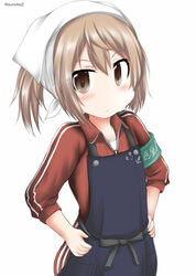  alternate_costume alternate_hairstyle apron armband bad_id bad_twitter_id bandana black_apron brown_eyes commentary_request cowboy_shot female green_armband hands_on_own_hips jacket kantai_collection light_brown_hair looking_at_viewer michishio_(kancolle) one-hour_drawing_challenge ouno_(nounai_disintegration) pants red_jacket red_pants simple_background solo standing track_jacket track_pants twitter_username white_background 